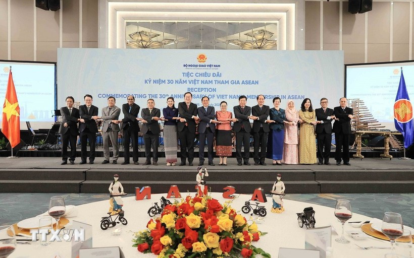 Le vice-Premier ministre et ministre des Affaires étrangères, Bui Thanh Son avec des ambassadeurs, des chefs de missions diplomatiques, des représentants d’organisations internationales au Vietnam. Photo: VNA