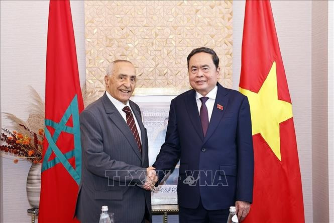 Le président de l’Assemblée nationale du Vietnam, Trân Thanh Mân (à droite) serre la main du président de l’Association d’amitié Maroc-Vietnam, Mustapha El Ktiri. Photo : VNA