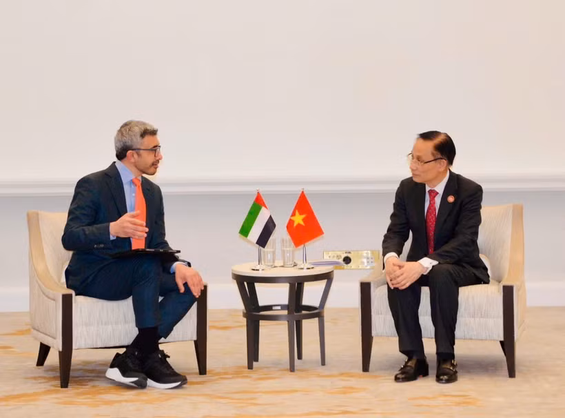 Le ministre vietnamien des Affaires étrangères, Lê Hoài Trung (à droite) avec le vice-Premier ministre et ministre des Affaires étrangères des Émirats arabes unis, Abdullah bin Zayed Al Nahyan. Photo : VNA