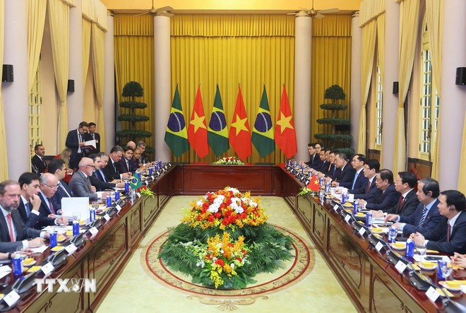 Le président Luong Cuong s’entretient avec le président brésilien Luiz Inácio Lula da Silva Lula, à Hanoi, le 28 mars. Photo : VNA