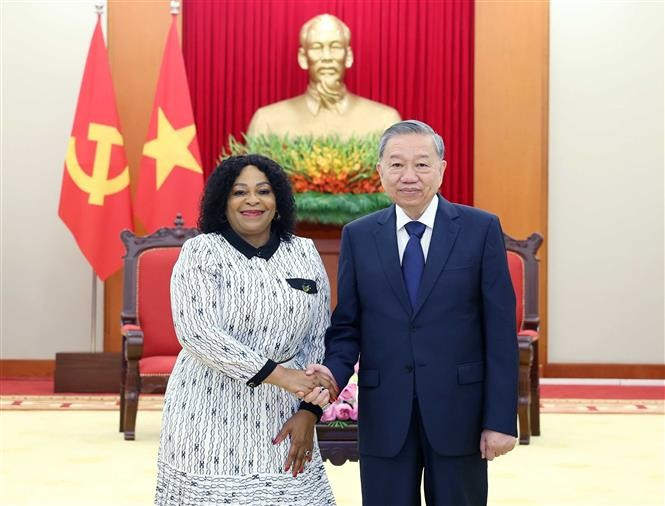 Le secrétaire général du Parti communiste du Vietnam, Tô Lâm serre la main de la la première secrétaire générale adjointe du Congrès national africain (ANC) d’Afrique du Sud, Nomvula Mokonyane, à Hanoi, le 20 mai. Photo: VNA