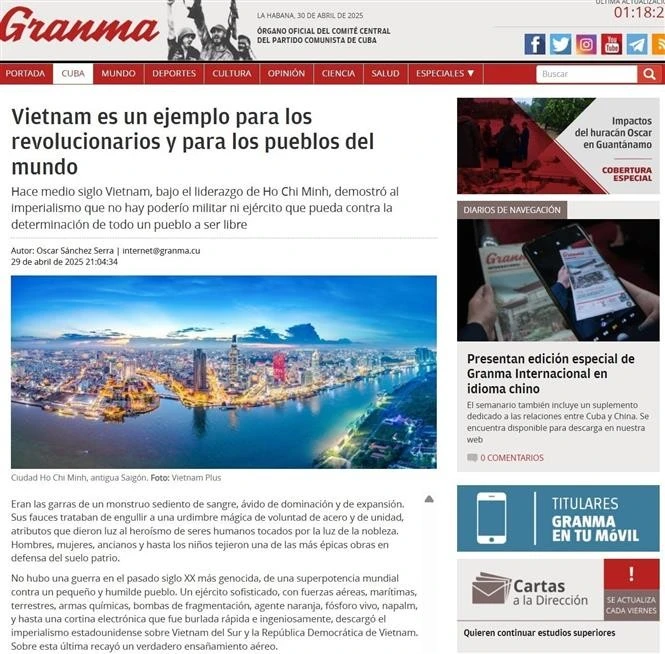 Capture d'écran de l'article sur le journal Granma. Photo: VNA