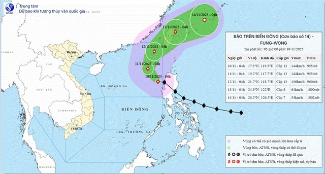 Trajectoire et intensité du typhon Fung-wong lundi matin 10 novembre. Photo : Centre national de prévision hydrométéorologique