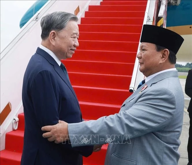 Le président Prabowo Subianto fait ses adieux au secrétaire général du Parti communiste du Vietnam, Tô Lâm. Photo : VNA 