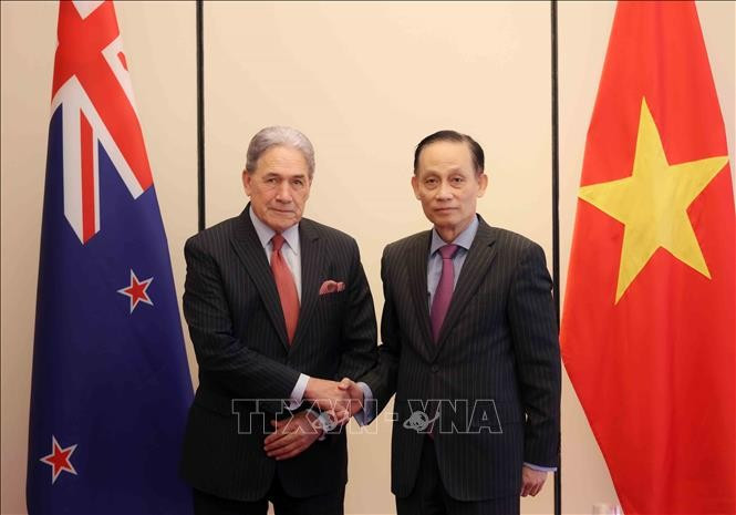 Le ministre des Affaires étrangères, Lê Hoài Trung (à droite) et son homologie néo-zélandais Winston Peters, à Hanoi, le 26 novembre. Photo : VNA