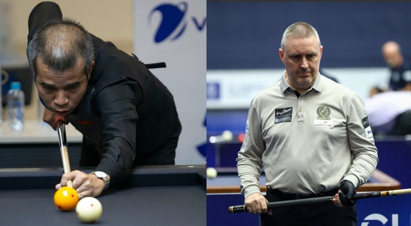 Le joueur de billard vietnamien Trân Quyêt Chiên (à gauche) remporte la finale du Master UMB 3 bandes de Blois 2025 sur le score de 50 à 15 face au Belge Frédéric Caudron. Photo : thethaovanhoa.vn