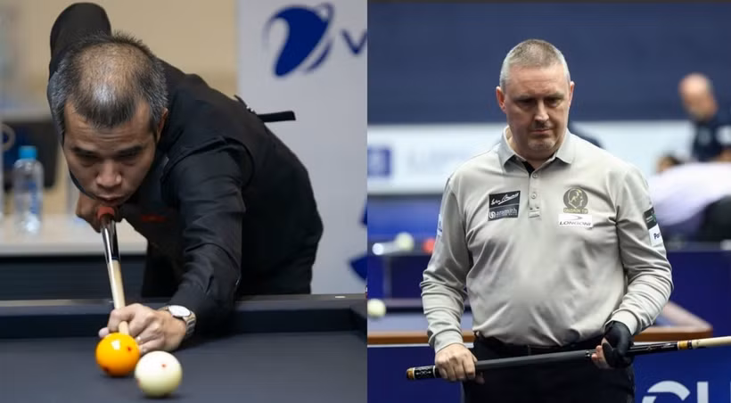 Le joueur de billard vietnamien Trân Quyêt Chiên (à gauche) remporte la finale du Master UMB 3 bandes de Blois 2025 sur le score de 50 à 15 face au Belge Frédéric Caudron. Photo : thethaovanhoa.vn