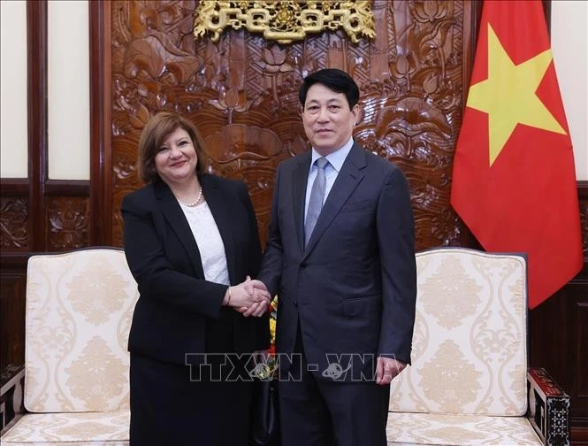 Le président Luong Cuong (à droite) et l’ambassadrice d’Égypte sortante, Amal Abdel Kader Elmorsi Salama, à Hanoi, le 1er juillet. Photo : VNA