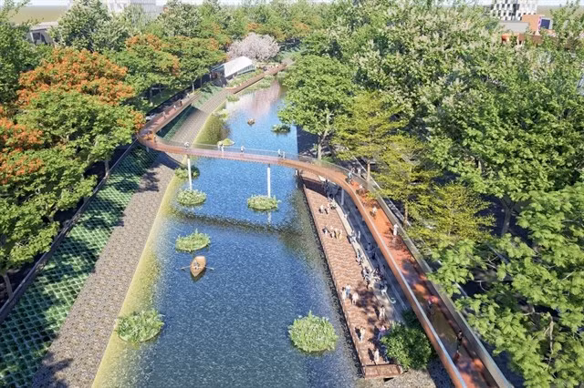 Vue en perspective des berges de la rivière Tô Lich. Photo : baotintuc.vn