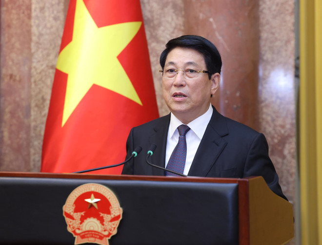 Le président Luong Cuong s'exprime à la cérémonie. Photo: VNA chu-tich-nuoc-luong-cuong-phat-bieu-giao-nhiem-vu-anh-ttxvn.jpg