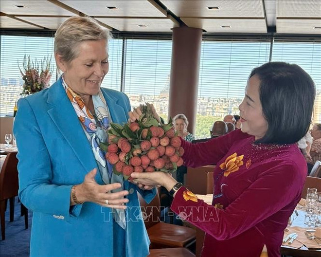 La vice-présidente de l’Assemblée nationale du Vietnam, Nguyen Thi Thanh, offre des lichits à la présidente du groupe d’amitié France-Vietnam à l'Assemblée nationale française, Anne Le Hénanff. Photo: VNA vietnam-phap-11072025-01.jpg