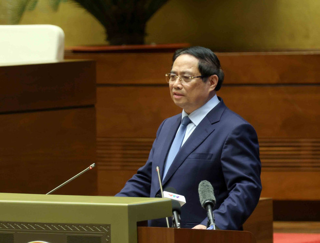 Le Premier ministre Pham Minh Chinh à la conférence. Photo: VNA vna-potal-hoi-nghi-toan-quoc-quan-triet-trien-khai-thuc-hien-4-nghi-quyet-cua-bo-chinh-tri-8277299.jpg