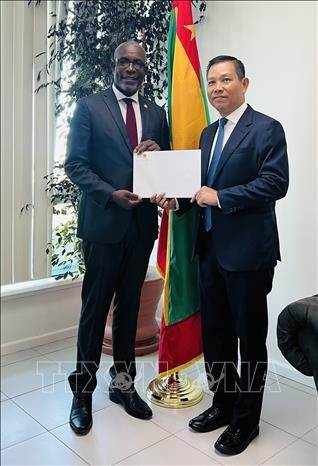 L’ambassadeur vietnamien Vu Trung My (droite) rencontre le ministre des Affaires étrangères, du Commerce et du Développement des exportations, Joseph Andall. Photo: VNA quoc-thu-6825.jpg