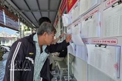 Des électeurs de la commune de Vĩnh Thanh, dans la province de Cà Mau, consultent les informations relatives aux élections et prennent connaissance du parcours ainsi que du programme d’action des candidats. Photo : VNA.