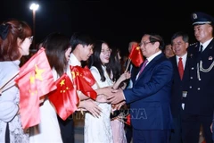 Le Premier ministre Pham Minh Chinh est accueilli à l'aéroport par des représentants de la communauté vietnamienne en Chine. Photo : VNA