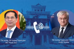 Le vice-PM et ministre des AE du Vietnam s'entretient au téléphone avec le ministre ukrainien des AE. Photo : VNA