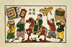 Un cheval richement décoré conduit le lauréat de concours de retour dans son village natal, dans l’estampe populaire de Dông Hô intitulée « Vinh quy bái tổ » (Retour triomphal pour rendre hommage aux ancêtres). 