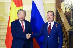 Le secrétaire général du Parti communiste du Vietnam (PCV), To Lam, (gauche) et Dmitri Medvedev, président du Parti Russie unie (PRU) et vice-président du Conseil de sécurité russe. Photo : VNA