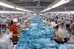 Des ouvriers confectionnent des vêtements destinés à l'exportation à la société à responsabilité limitée à associé unique Việt Pan Pacific World (République de Corée), située dans la commune de Hiệp Hòa, province de Bắc Ninh. Photo : VNA