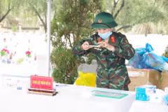 L'adjudante professionnelle Nguyên Thi Thanh Thuy procède à la numérisation des dossiers au cimetière des martyrs de Ham Rong. Photo : VNA