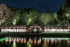 Effets lumineux projetés sur la surface des stèles en pierre et les motifs anciens, mettant en valeur les détails du patrimoine. Photo : VNA