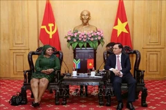 Le professeur associé Dr Duong Trung Y (à droite), vice-président de l'Académie nationale de sciences politiques Hô Chi Minh, rencontre Nomvula Mokonyane, première secrétaire générale adjointe du Congrès national africain (ANC) d'Afrique du Sud. (Photo publiée par VNA)
