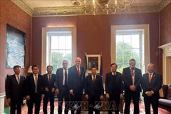 Nguyen Xuan Thang (quatrième à la droite) a pris une photo souvenir avec Colm O'Reardon, secrétaire général du ministère de l'Enseignement supérieur, de la Recherche, de l'Innovation et des Sciences d'Irlande (DFHERIS). Photo : VNA