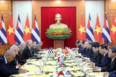 Lors de l'entretien entre le Premier secrétaire du Comité central du Parti communiste cubain et président cubain, Miguel Diaz-Canel Bermudez, et le secrétaire général du Parti communiste du Vietnam. Photo : VNA