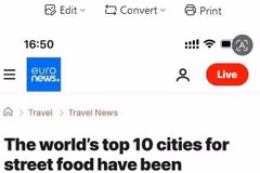 Capture d'écran de l'article d'Euronews intitulé « Les 10 meilleures villes du monde pour la street food ont été dévoilées », publié le 30 juillet 2026.