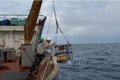 Echantillonnage de sédiments dans la zone du plateau continental du Vietnam par l'équipe d'exploration. Photo: VNA