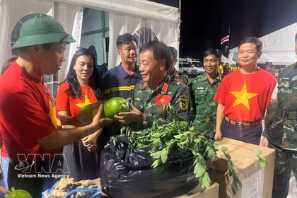 L’ambassadeur Vu Trung My remet des présents à l’équipe vietnamienne de recherche et de sauvetage. Photo : VNA