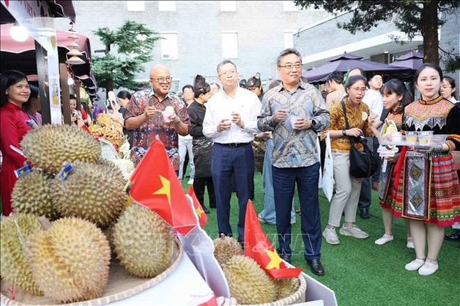Les diplomates de l’ASEAN visitent le stand vietnamien au Festival du durian de l’ASEAN, à Pékin, le 9 août. Photo : VNA stand-vietnamien-durian.jpg
