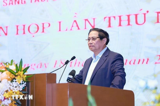 Le Premier ministre Pham Minh Chinh s’exprime lors de la première réunion du Comité de pilotage gouvernemental pour le développement de la science, de la technologie, de l’innovation et de la transformation numérique. Photo : VNA pm-pmc-comite-de-pilotage.jpg