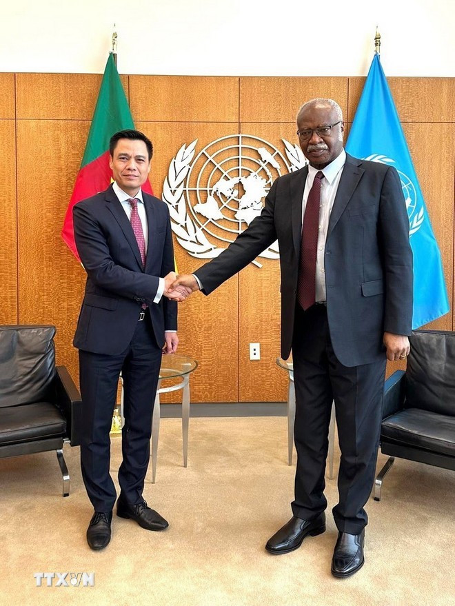 L’ambassadeur Dang Hoàng Giang et le président de la 79e session de l’Assemblée générale des Nations Unies, Philemon Yang. Photo : VNA dang-hoang-giang-philemon-yang.jpg