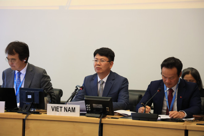 Le vice-ministre de la Justice, Nguyên Thanh Tinh (centre) lors de la session du Comité des droits de l'homme des Nations Unies, à Genève, en Suisse. Photo : VNA nguyen-thanh-tinh.jpg