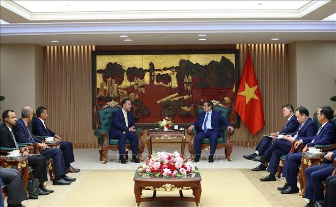 Lors de la réception, à Hanoi, le 29 mai. Photo : VNA cheikh-nasser-bin-suliman-al-harthi-pham-minh-chinh.jpg