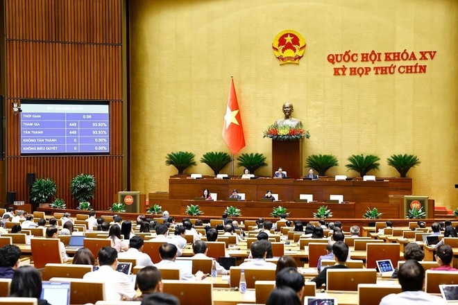 L'Assemblée nationale vote une résolution sur la date des élections législatives de la 16e législature et des élections des Conseils populaires de différents échelons (mandat 2026-2031). Photo : VNA assemblee-nationale.jpg