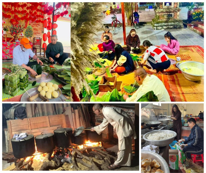 À la cuisine de la pagode Phuc Long, le vénérable Thich Quang Tinh, les fidèles et les villageois s'affairent à préparer le +banh chung+ (gâteaux de riz gluant de forme carré, farcis de viande de porc et de haricot mungo) et les repas pour les démunis. Photo : NVCC/CVN cuisine-de-la-pagode-phuc-long.png