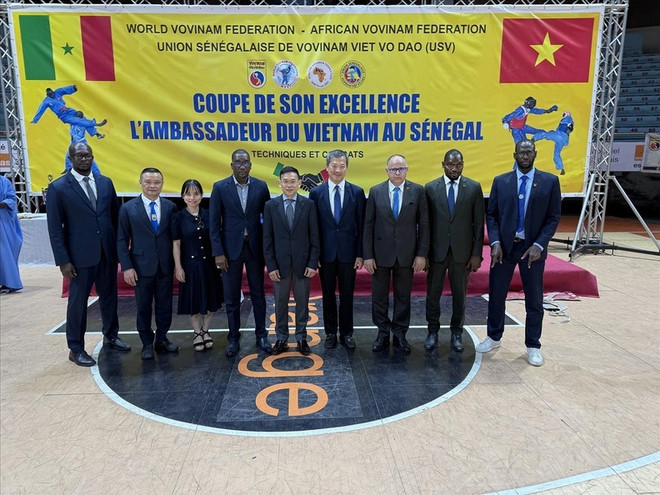 L’ambassadeur vietnamien au Sénégal Tran Quoc Khanh, le président de la Fédération mondiale de Vovinam (World Vovinam Federation - WVVF) Mai Huu Tin, et des dirigeants de l’Union sénégalaise de Vovinam (USV) ont assisté à la cérémonie d’ouverture de la finale du tournoi. Photo : VNP lambassadeur-vietnamien-au-senegal-tran-quoc-khanh.jpg