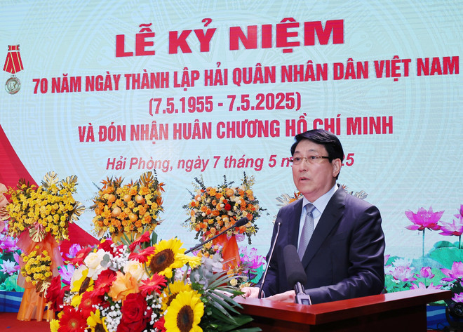 Le président Luong Cuong s’exprime lors de la cérémonie, à Hai Phong, le 7 mai. Photo : VNA luong-cuong-marine-vna.jpg