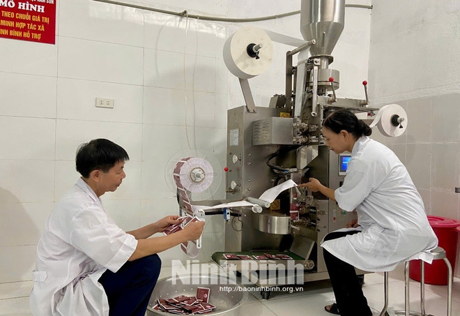 La machine d'emballage moderne est utilisée efficacement par la Coopérative de production et de transformation des plantes médicinales de Nam Son. Photo : baoninhbinh machine-demballage-moderne.jpg