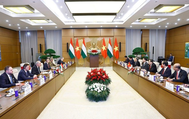 Vue de l’entrevue entre le président de l’Assemblée nationale du Vietnam Trân Thanh Mân et le président hongrois Sulyok Tamas, à Hanoi, le 28 mai. Photo : VNA sulyok-tamas.jpg
