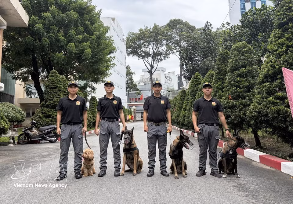 Les chiens d’intervention aux côtés de leurs maîtres-chiens. Photo : VNA