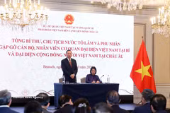Le secrétaire général du Parti communiste du Vietnam et président de la République, To Lam, prend la parole lors de la rencontre avec des représentants de la communauté vietnamienne en Europe. Photo : VNA