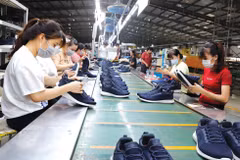 Production de chaussures pour l’exportation chez l’entreprise Hông An, implantée dans la province de Hoa Binh (Nord). Photo : VNA/CVN