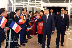Les cadres et employés de l’ambassade, ainsi que la communauté vietnamienne en France, accueillent le dirigeant To Lam et son épouse. Photo : VNA