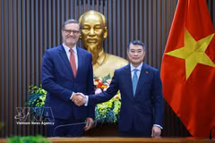 Le Premier ministre Le Minh Hung (droite) et l’ambassadeur de France au Vietnam Olivier Brochet. Photo : VNA