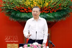 Le secrétaire général du Parti et président de l’État, To Lam, prend la parole lors de la réunion thématique du Comité central de pilotage pour le développement des sciences et technologies, l’innovation et la transformation numérique. Photo : VNA