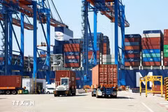 Des camions porte-conteneurs opèrent au port international de Gemalink, dans la ville de Phu My, province de Ba Ria-Vung Tau. Photo : VNA