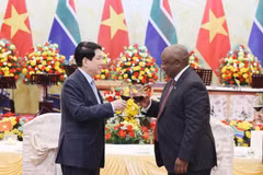 Le président Luong Cuong (gauche) et le président de l’Afrique du Sud, Matamela Cyril Ramaphosa lors du banquet. Photo : VNA